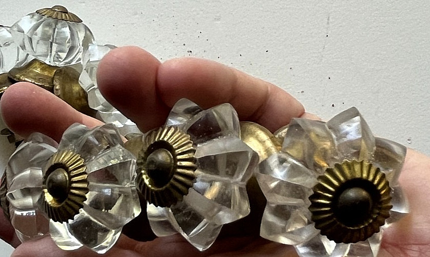 10 Vintage Brass floral Cut Glass Drawer Knob Handle Pulls