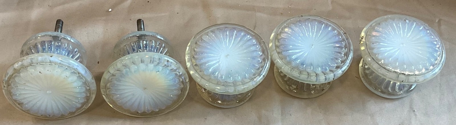 Antique Opalescent Glass Drawer Pull, Knobs – set of 5