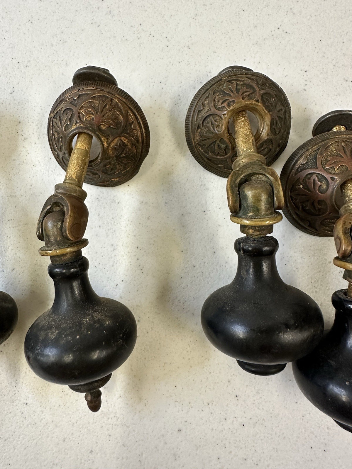 Antique Victorian Eastlake Teardrop Pulls – Set of 6 Black Wood & Ornate Brass