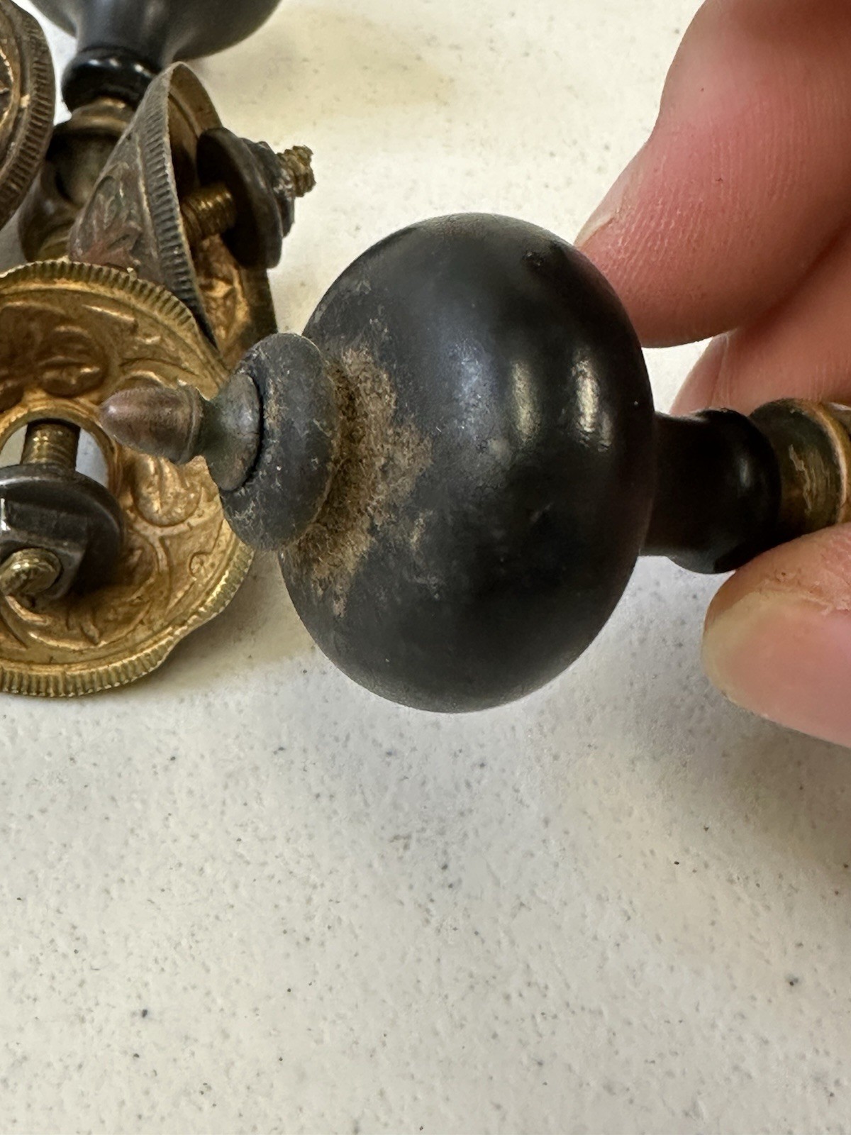 Antique Victorian Eastlake Teardrop Pulls – Set of 6 Black Wood & Ornate Brass