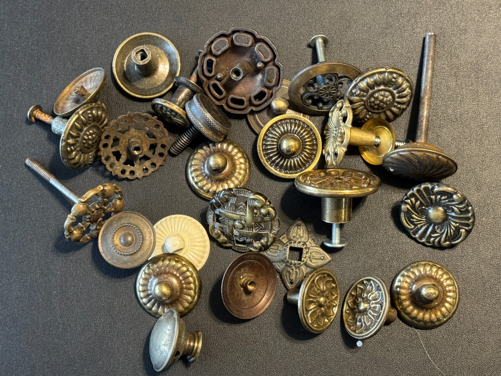 Lot 25 Vintage Antiqued Brass Furniture Drop Bail Drawer Pull Mounts/Backplates