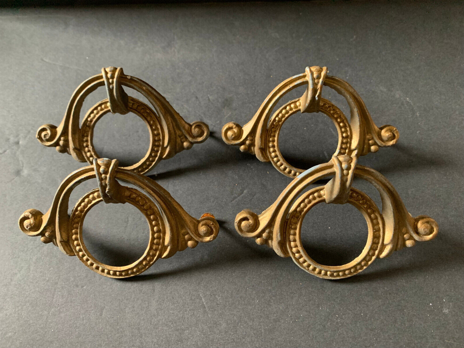 Ornate Antique Circular Brass Metal Drawer Pulls Lot of 4
