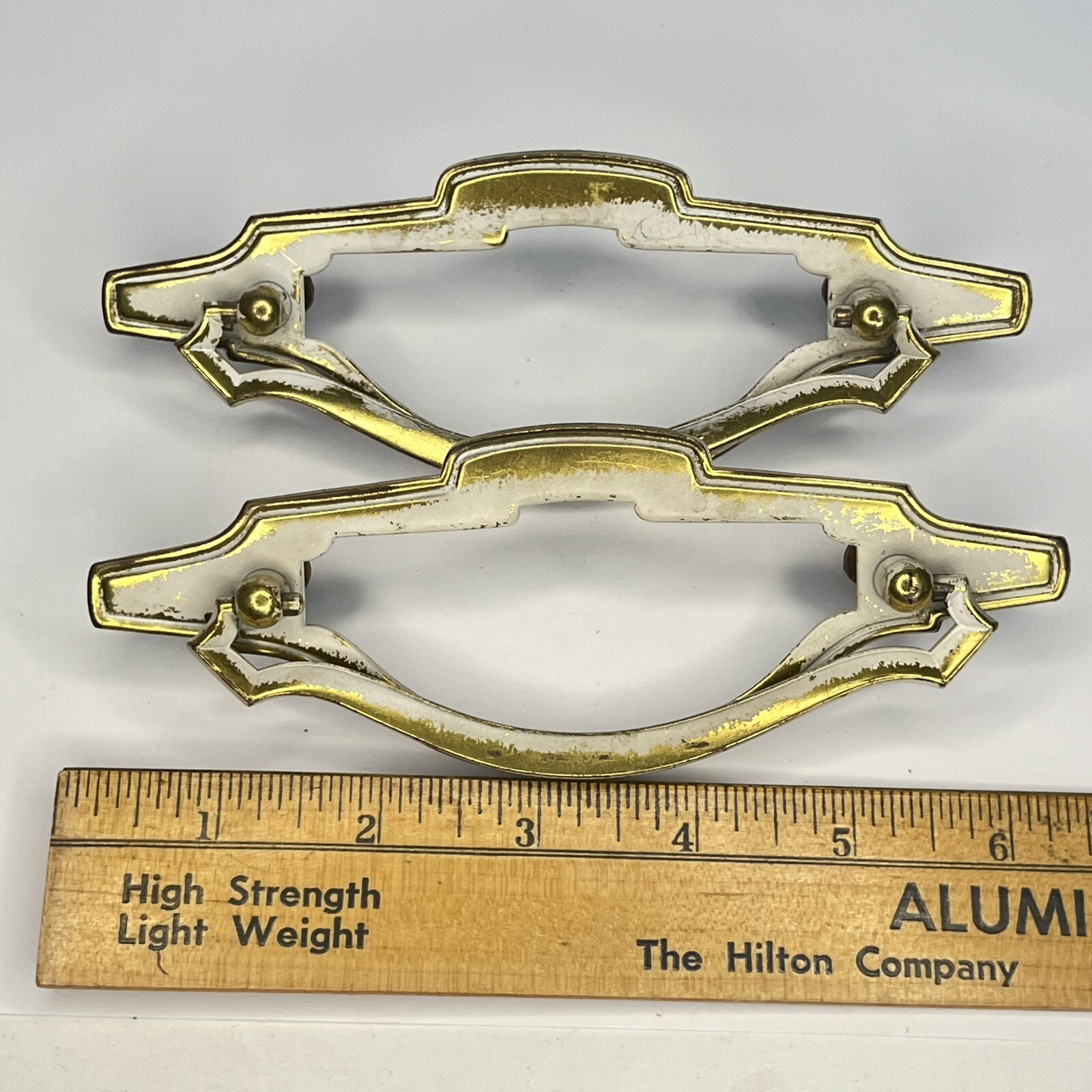 Two Reclaimed Steel Drawer Drop Bail Pull Handles Steel Gold 4″ c to c C