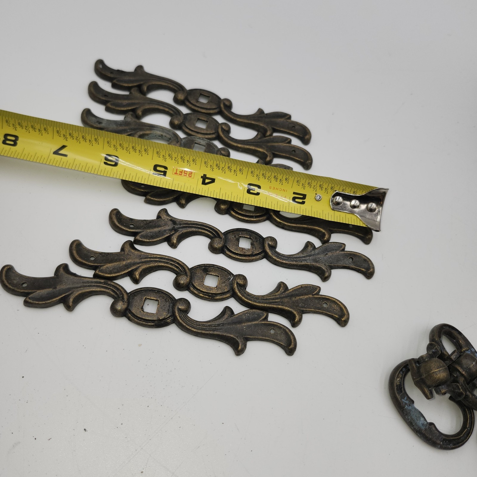 7 vintage ANTIQUE BRASS DRAWER CABINET back plate knob