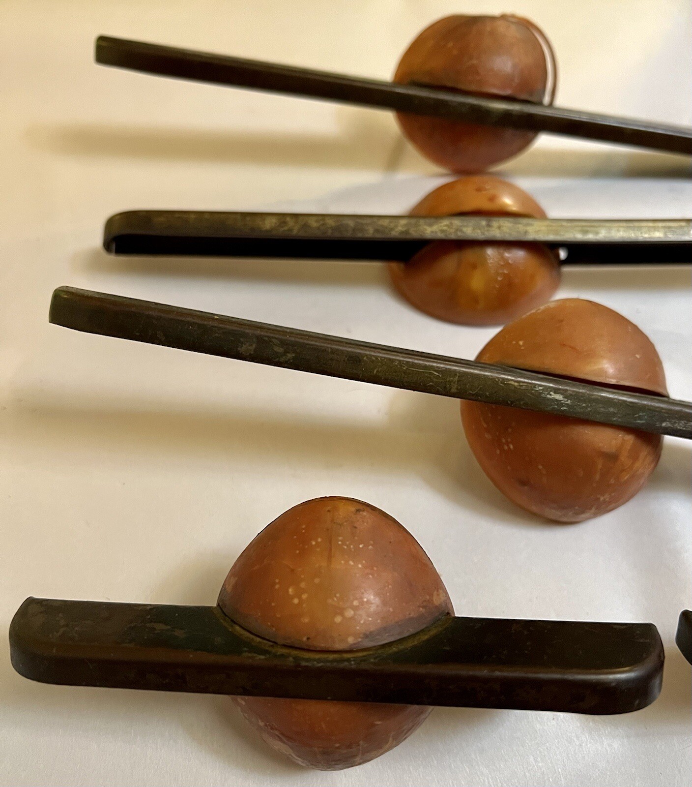 6 Rare Mid Century Modern/Retro Cabinet Drawer Pull Set, Copper And Bakelite?