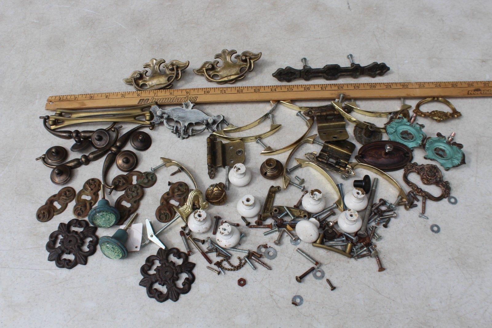 Huge Lot Antique Vintage Brass Drawer Pulls Knobs Handles Hardware Cover Plates