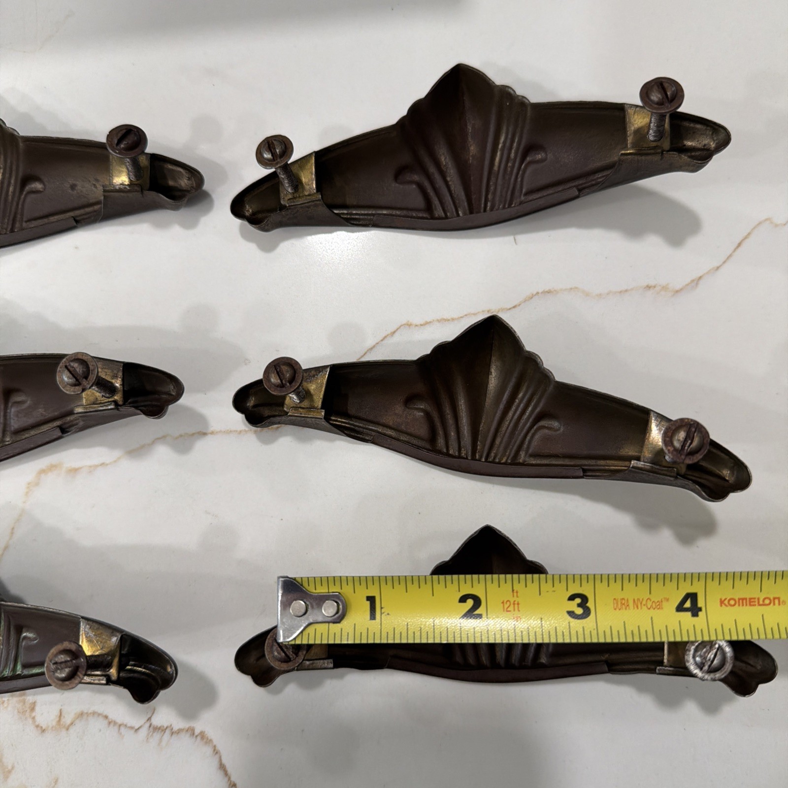 Set of 6 Vintage Art Deco Drawer Pull Handles Copper/Bronze Tone Stamped Steel