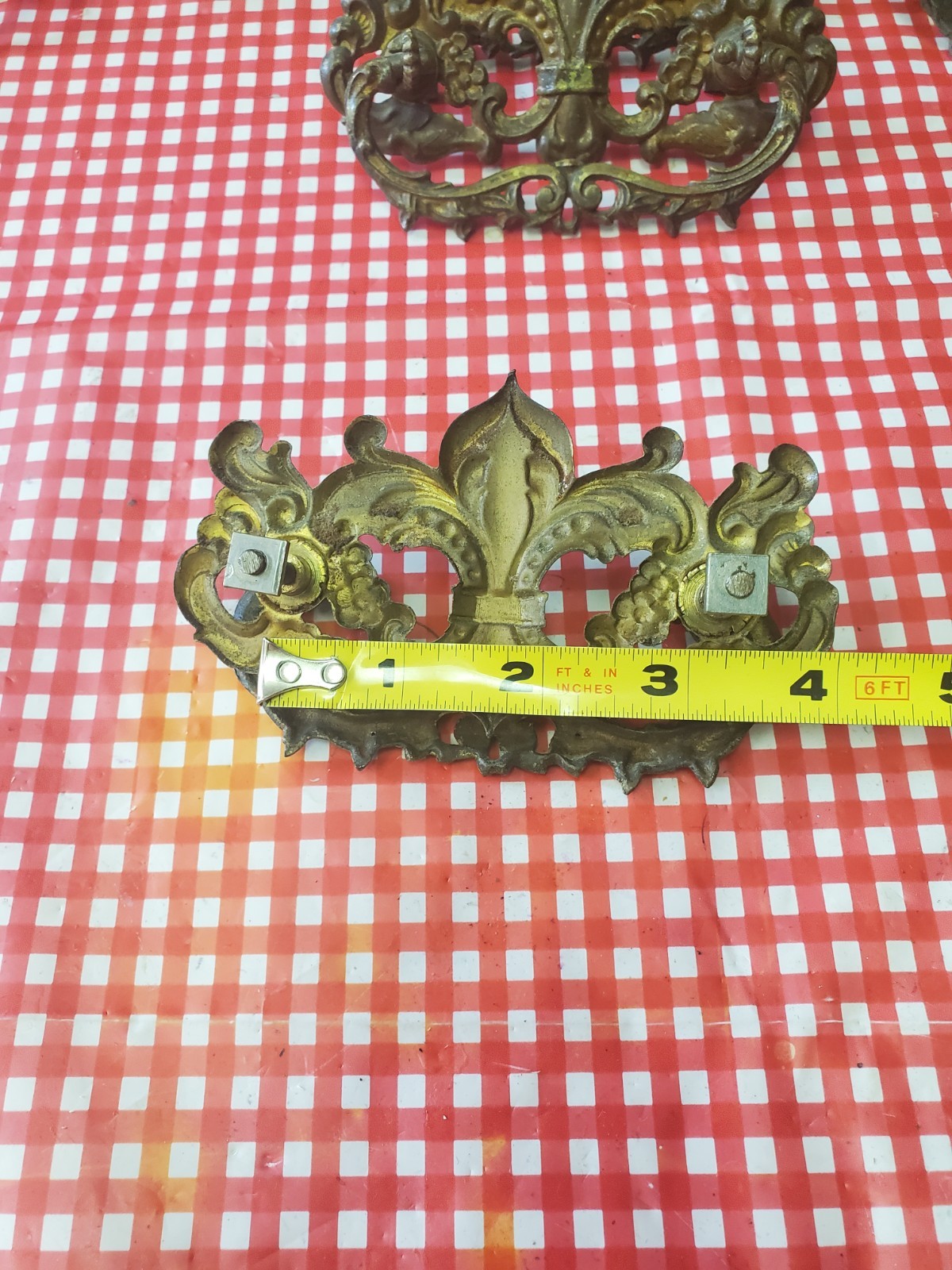 Set 6 Ornate Victorian Drawer Pulls Bail Handles Brass Fleur-de-lis w/3 keyholes