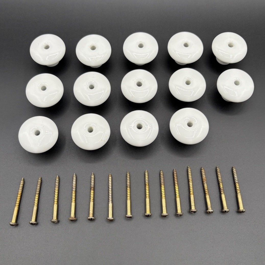 Vintage Japan White Porcelain Drawer Pull Knobs Set 14 w/ Screws Farmhouse