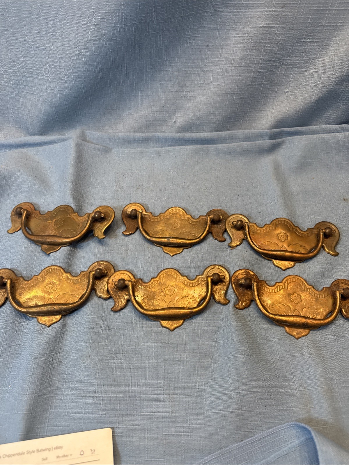 Brass Drawer Pull Chippendale Batwing Drop Pull Flowers Vtg 4.5″