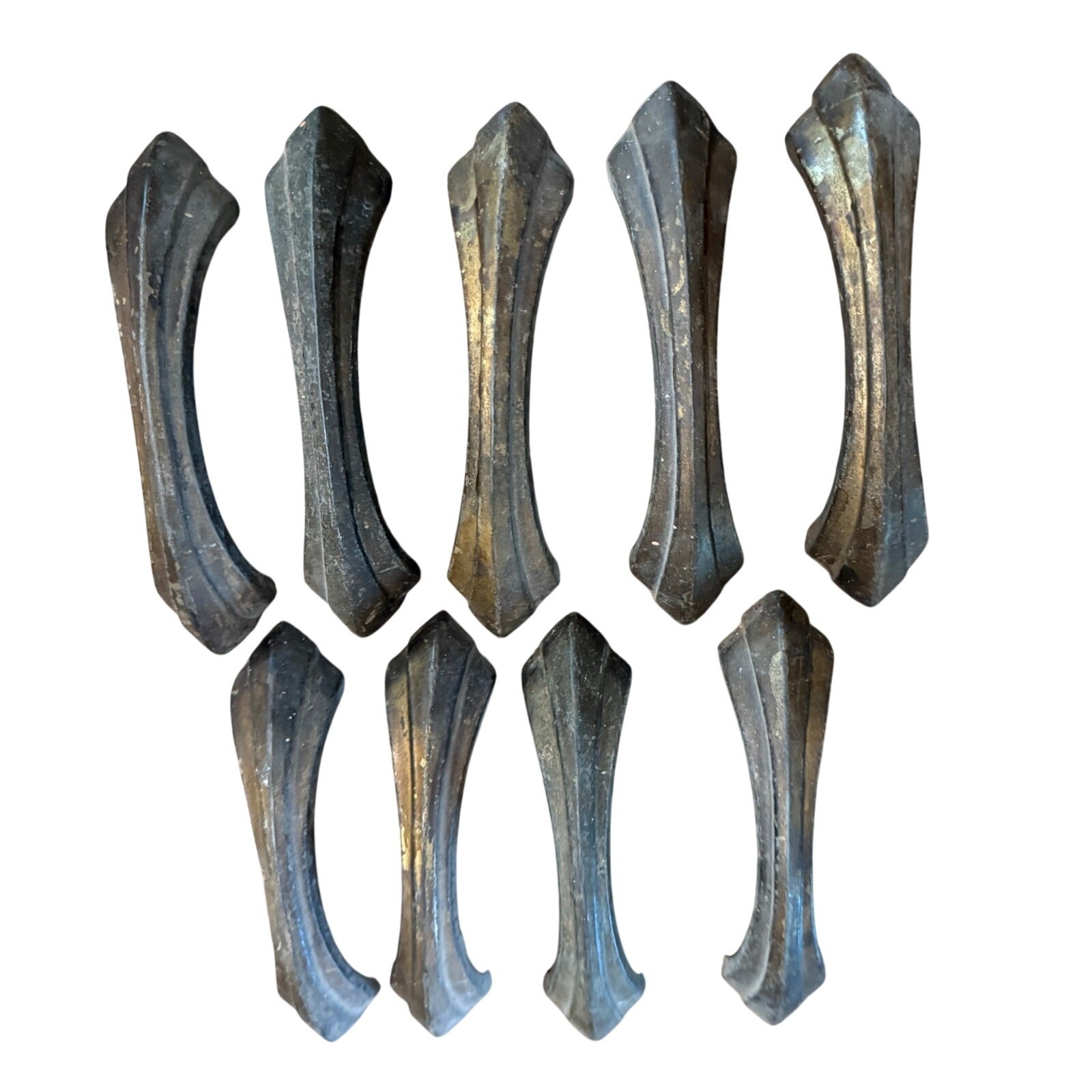 Lot 9 Antique VTG Art Deco 4.5″ Brass Finish Drawer Pulls Aged Patina Waterfall