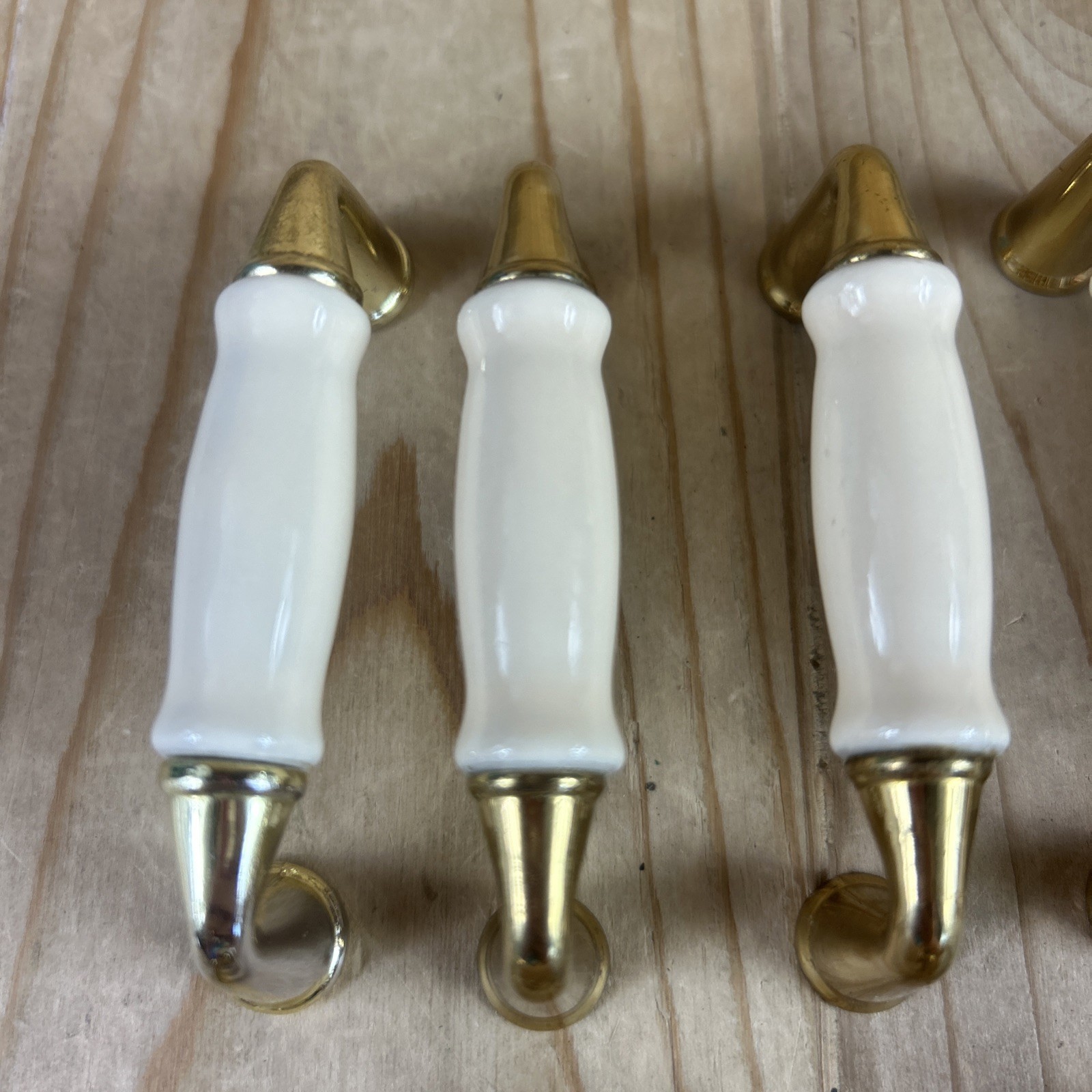 Vintage Drawer Pulls Cabinet Handles Set of 12 Beige Ceramic Center 3.5” Brass
