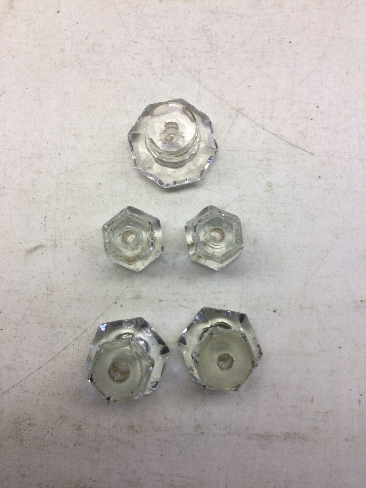 5) Antique Hexagon Glass Drawer Knob Pulls, Two Pairs, One Single
