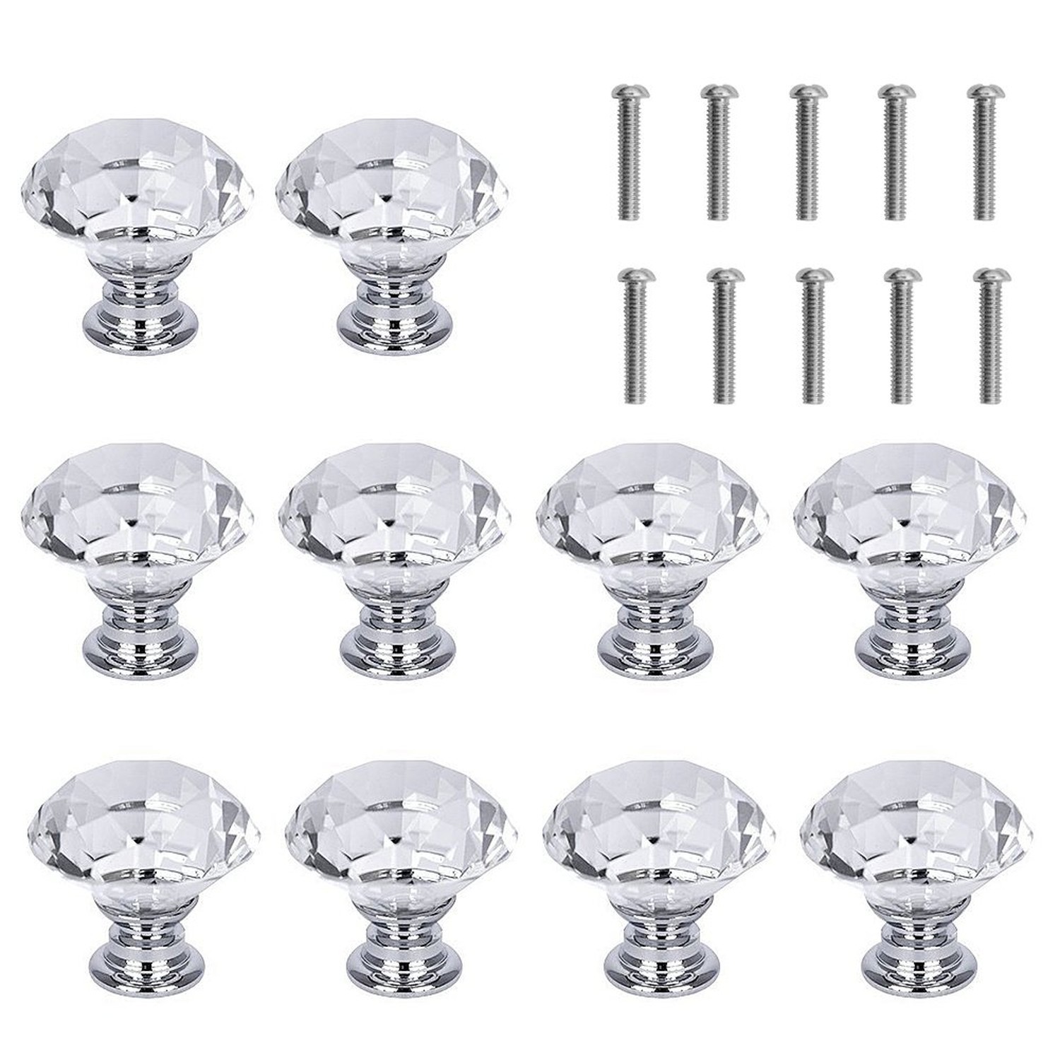 10 Pcs White Clear Crystal Glass Cabinet Knobs 30mm Diamond Shape Drawer Kitc…