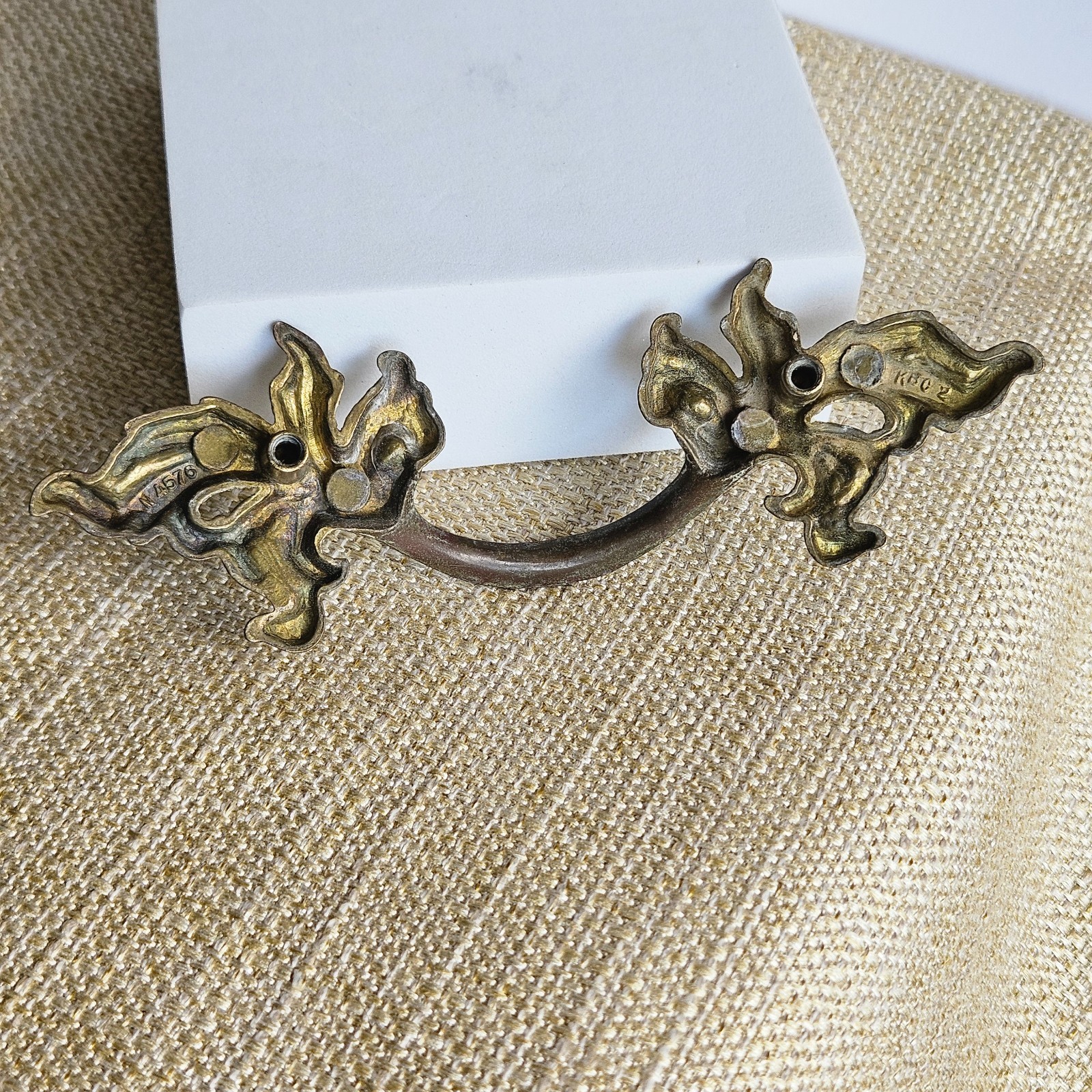 French Provincial Bail Drop Drawer Pulls Pair Antique Brass Patina Ornate M1676
