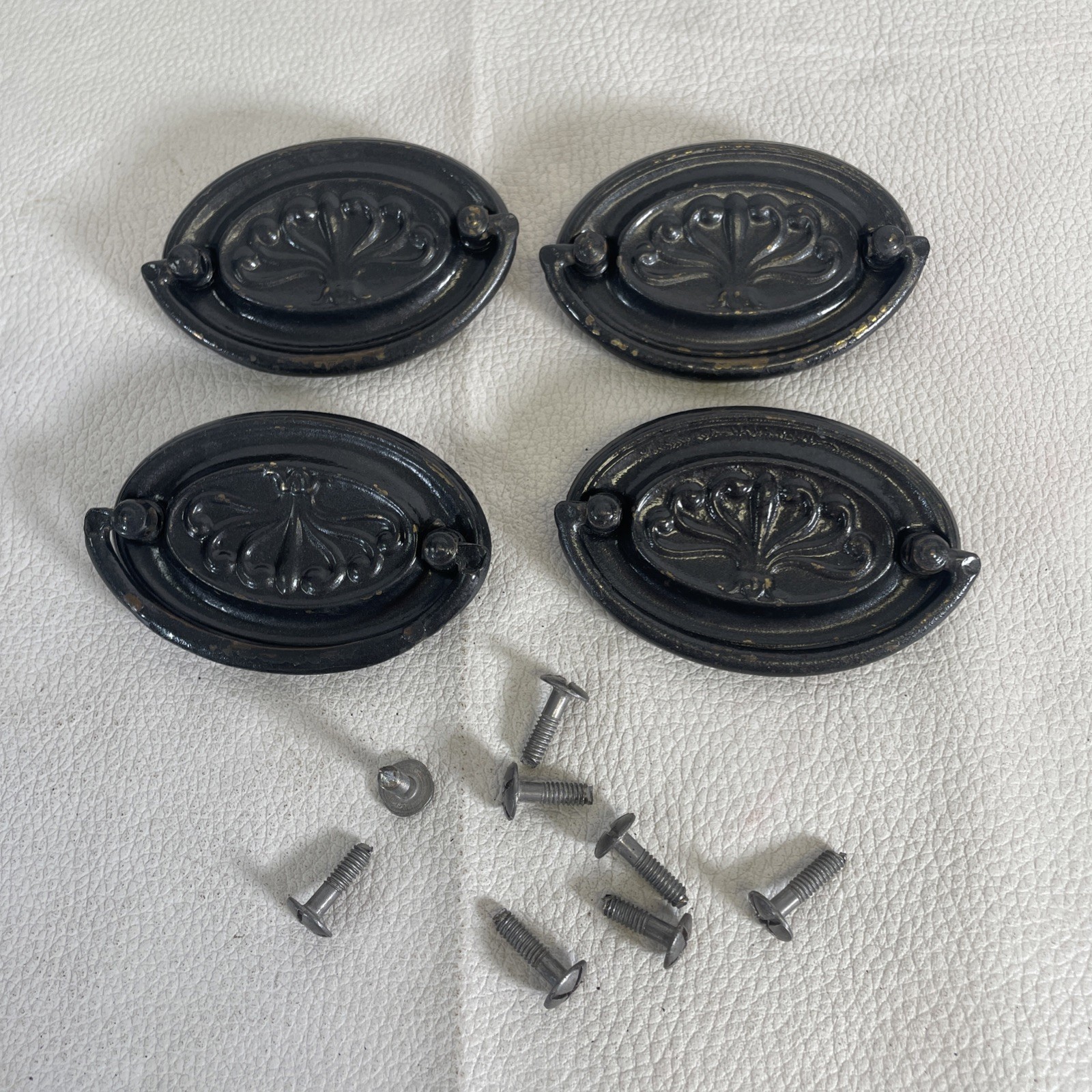 4 Antique Vintage Pulls Hepplewhite Drop Bail Oval Tin Steel 2.75″W x 1 7/8″-A