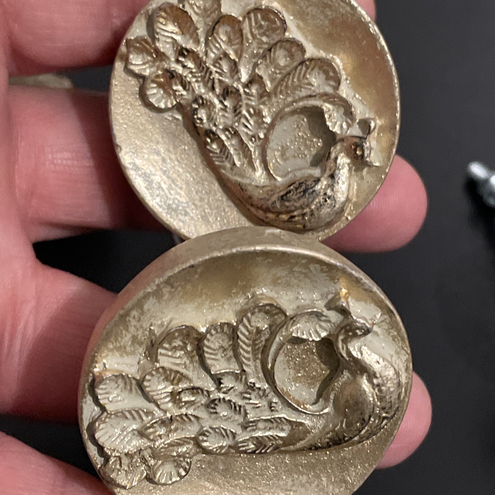 (6) Antique Wood Carved Peacock Knobs/Drawer Pulls/Hardware Gold Guild MCM