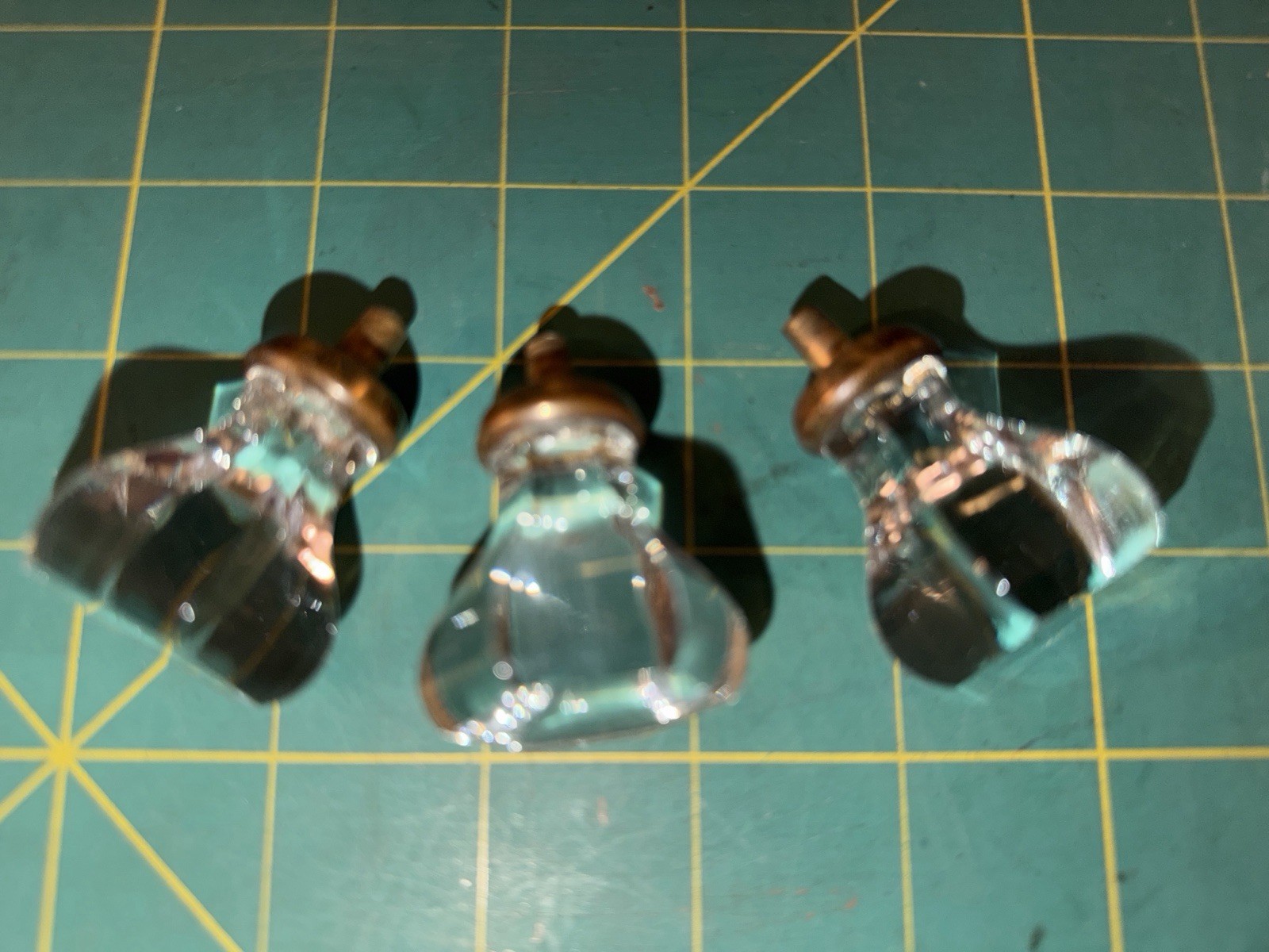 Set of 3 Vintage Clear Glass Drawer Knobs Hex Faceted Cabinet Pulls w/ Shafts