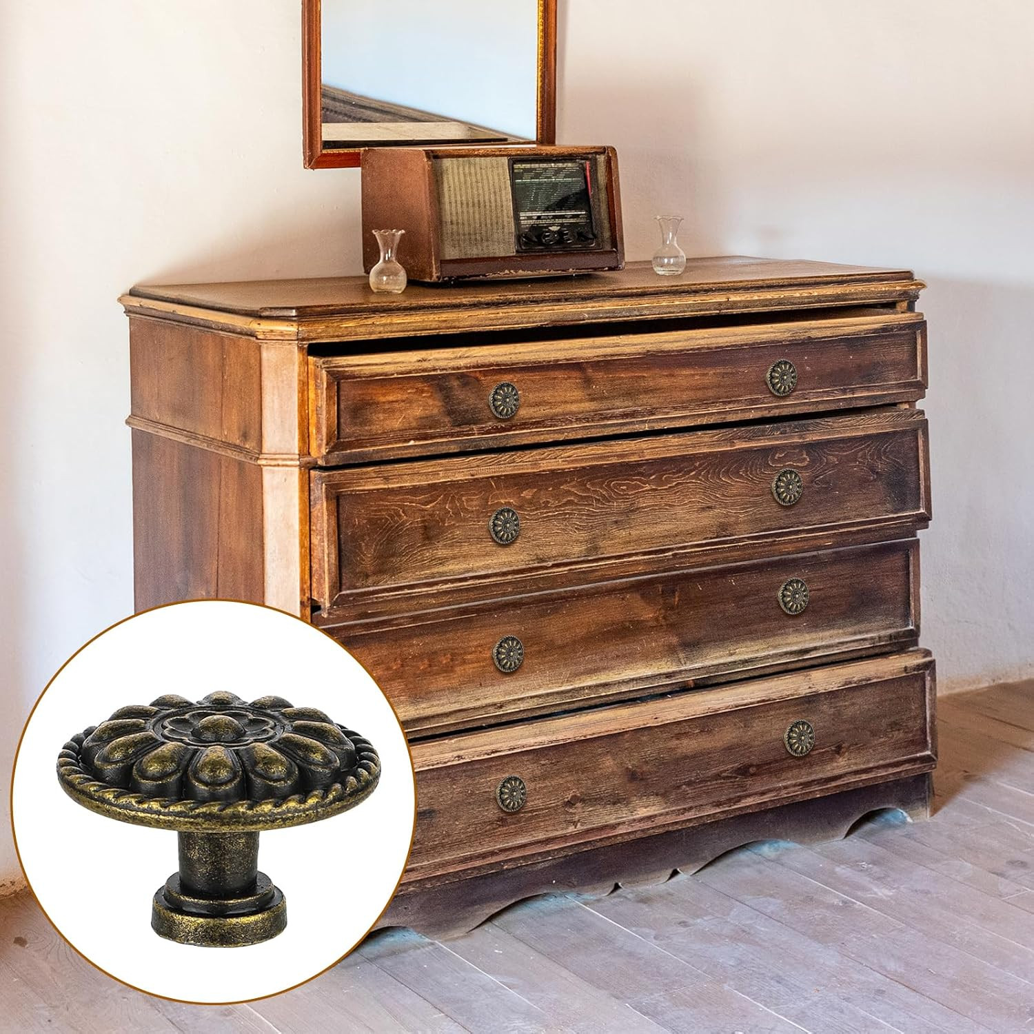 8 Pack Antique Brass Drawer Knobs, Vintage Dresser Drawers Knobs, Solid round Ca