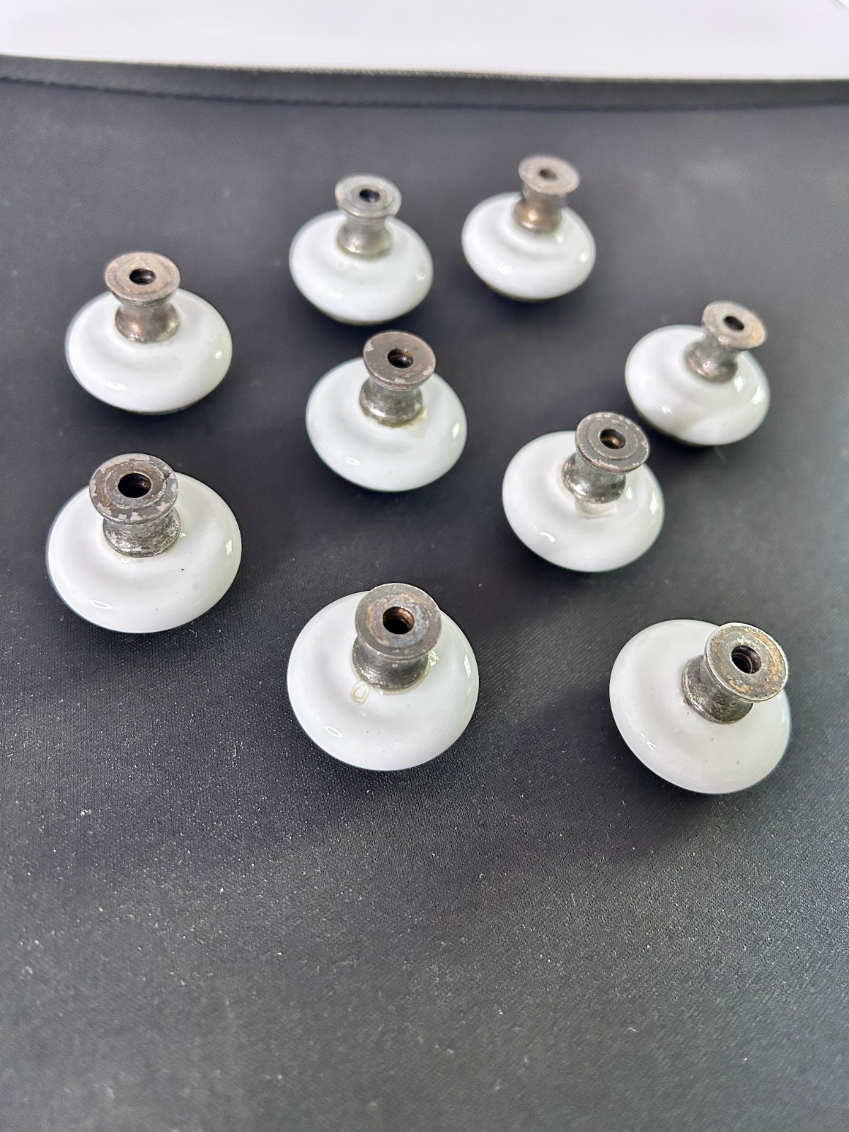 9 Vintage Mushroom White Porcelain Brass Drawer Cabinet Pulls Knobs