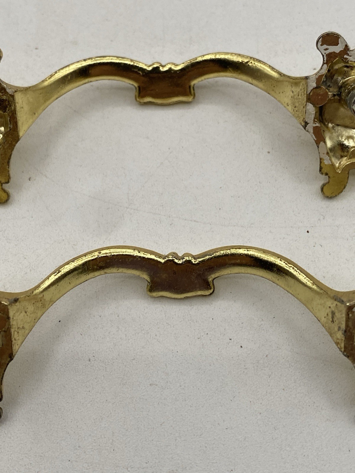 PAIR Vintage MCM Ajax Drawer Pulls Handles Scroll White Gold Ornate Hardware 990