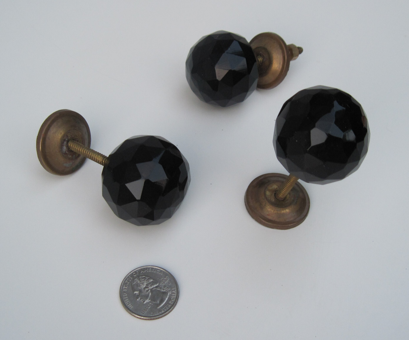 Vintage Set of 3 Knobs Black Glass Faceted Drawer Ball Round Brass 1 1/2″Dia
