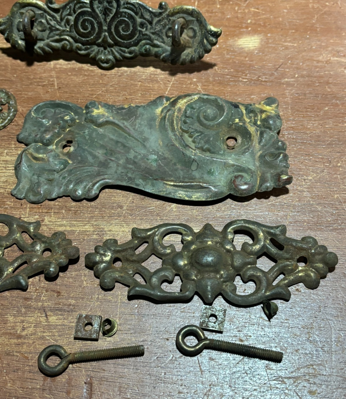 Lot of 9 Mixed Ornate Vintage Pressed Metal Drawer Backplates one with Pull