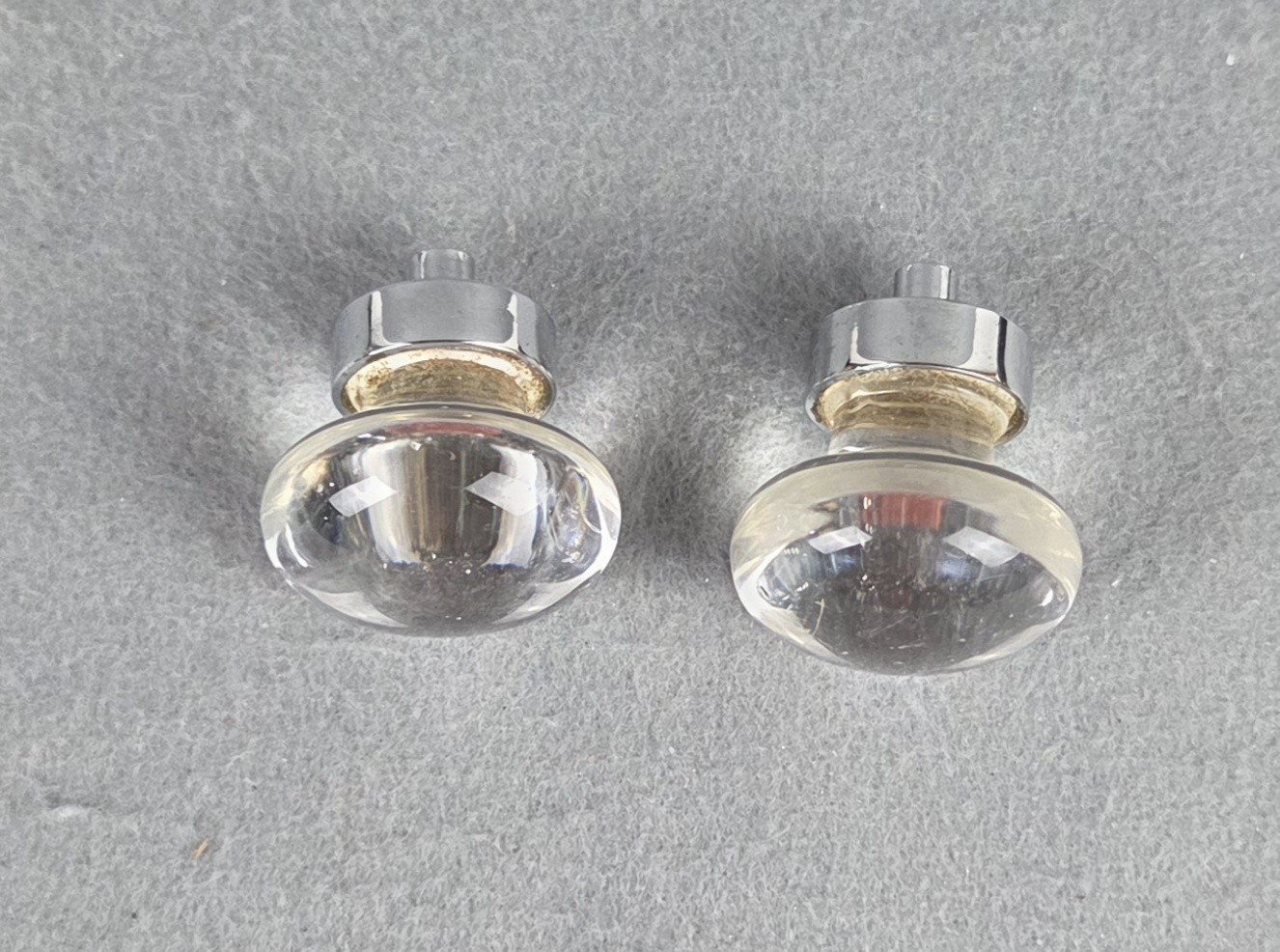 2 Vintage Round Clear Glass with Chrome Draw Pull Knobs No Hardware Knobs Only