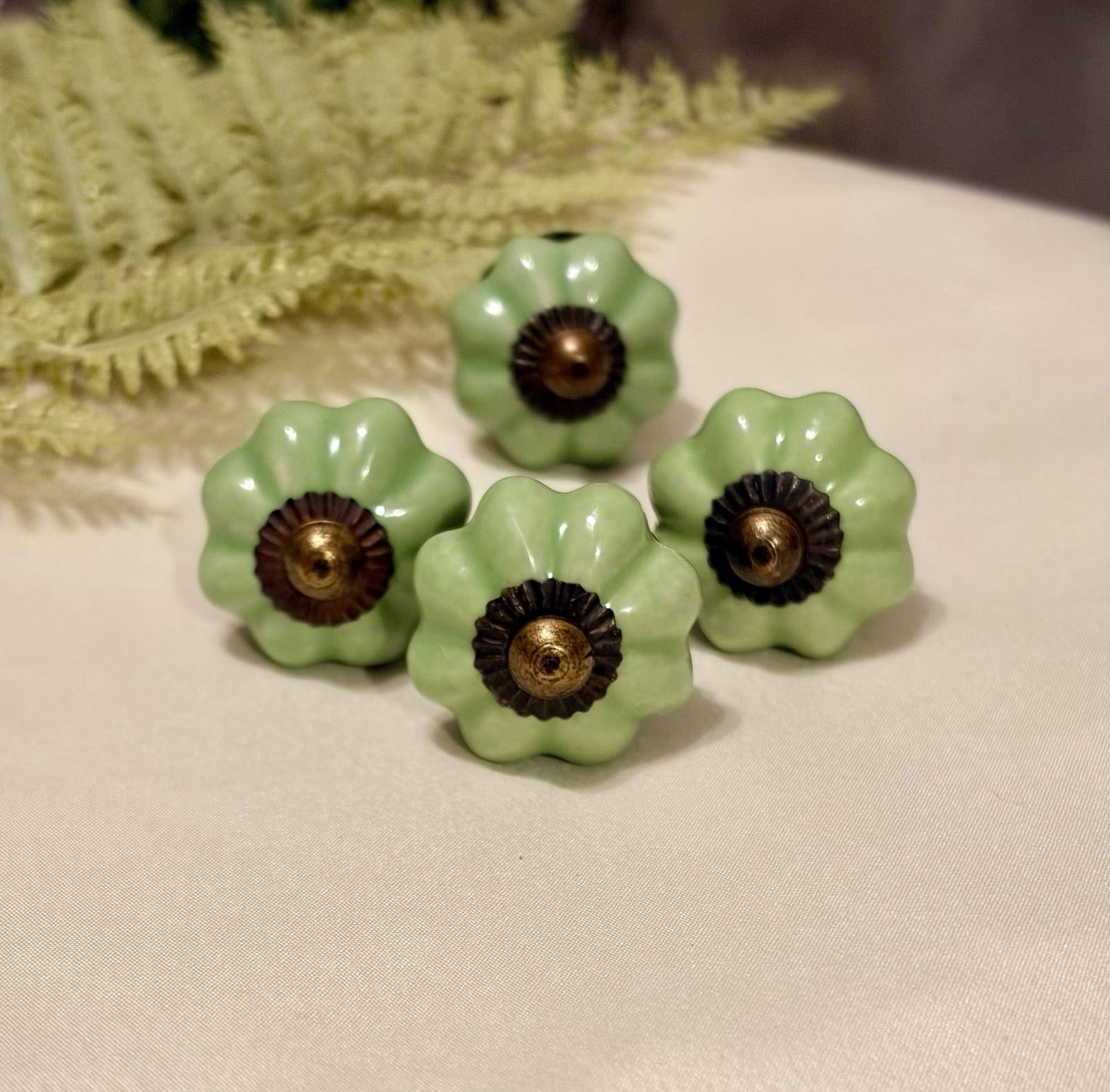 4 Antique Ceramic Drawer Pulls Green Flower Door Kitchen Cabinet Knob