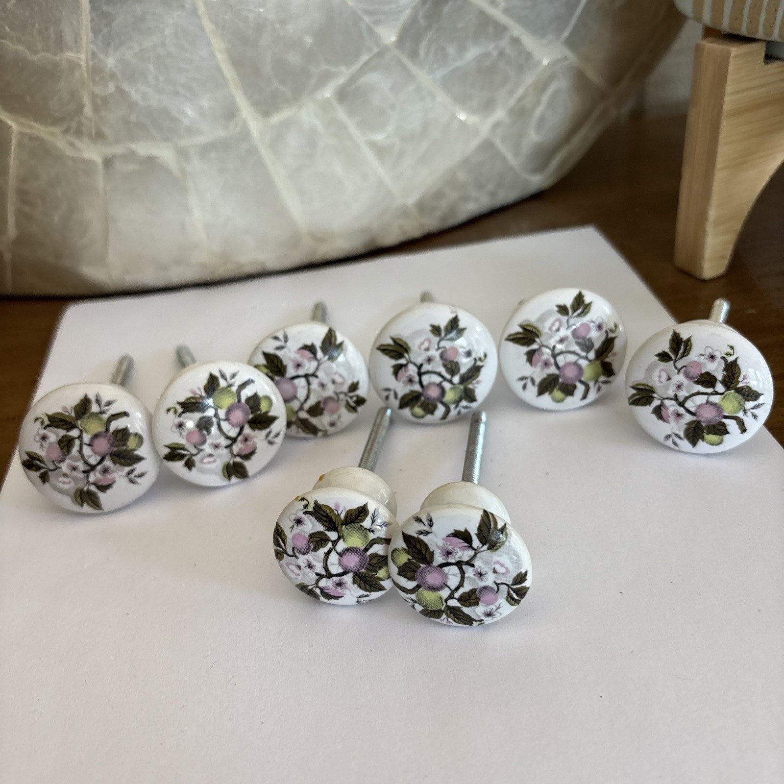 Vtg Porcelain Pulls/Knobs, White Painted Cherry Blossom Floral Design~Lot of 8