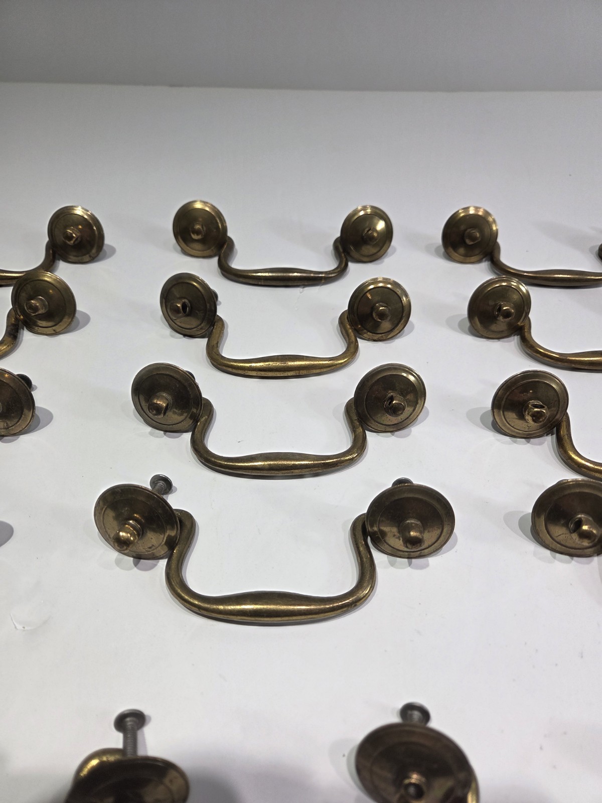 Lot 14 Vintage Cast Brass Swan Neck Bail Drawer Pulls Handles Restoration Metal