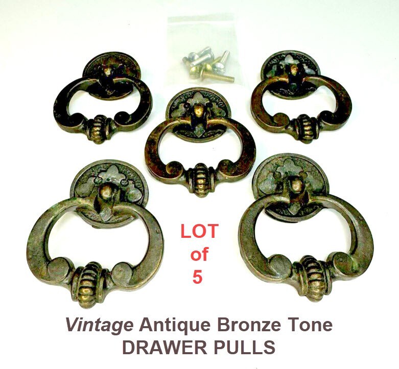 LOT of 5 Vintage Antique Bronze Tone DRAWER PULLS/HANDLES