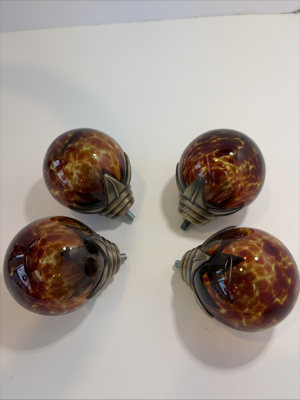 4 Vtg Spotted Amber Glass Tortoise Shell Brass Door Knob Drawer Pull Finial
