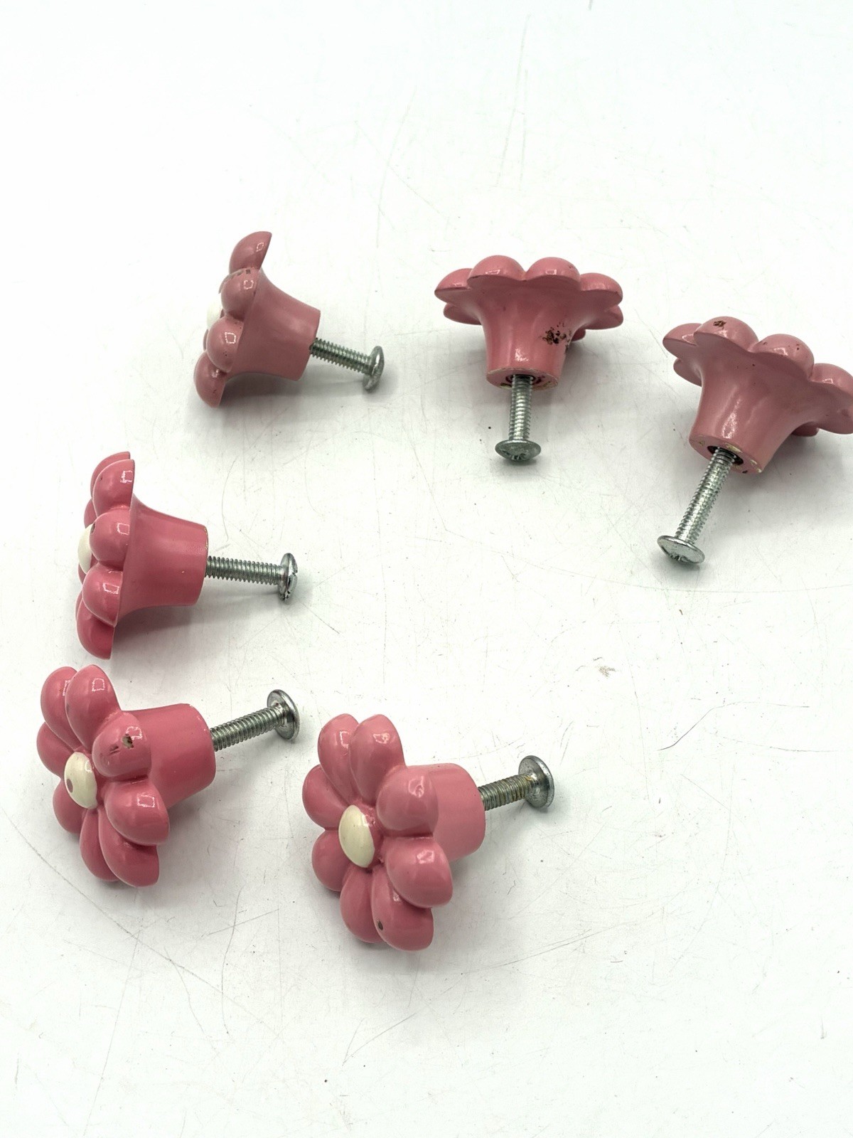 Set of 6 Pink Daisy Flower Drawer Knobs Cabinet Pulls Resin Hardware with Screws