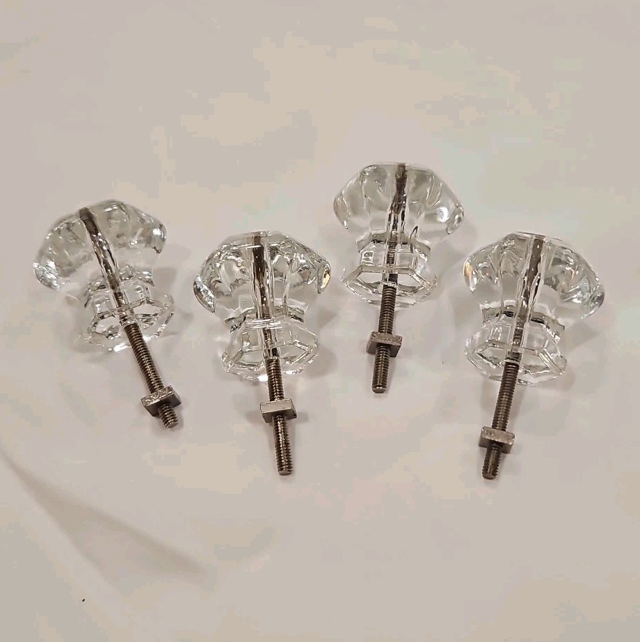 Set of 4 Rare Vintage Clear Glass Knobs Cabinet Drawer Hardware Rounded Hexagon