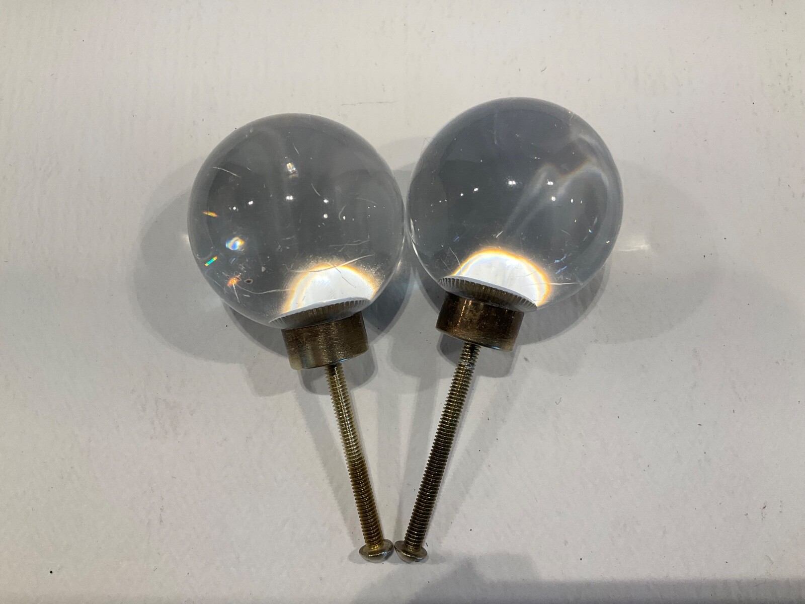 Vintage Round Glass Ball Drawer Pulls / Cabinet Knobs w/Brass Collar Backplate