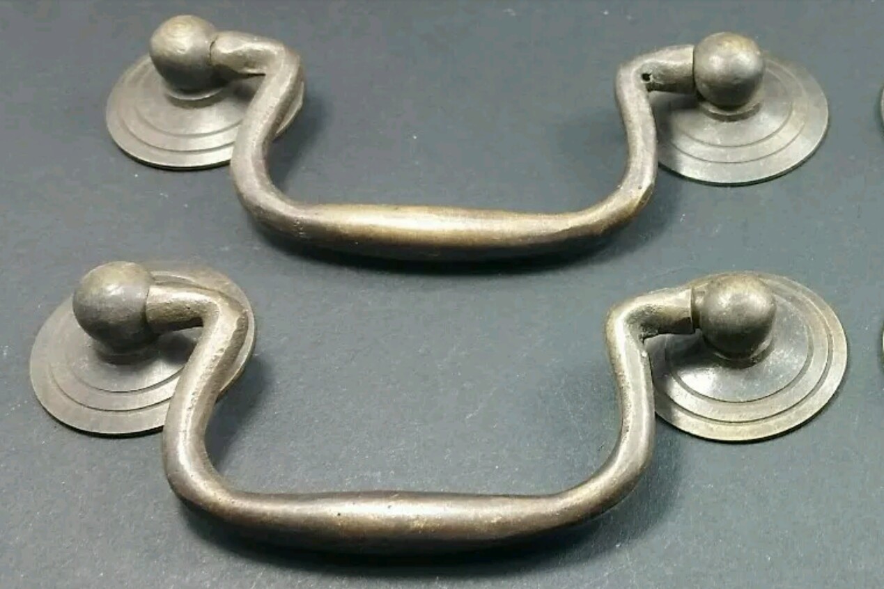 2 Antique Brass Swan Neck Bails Cabinet Drawer Pull handles approx. 3″ cntr #H39