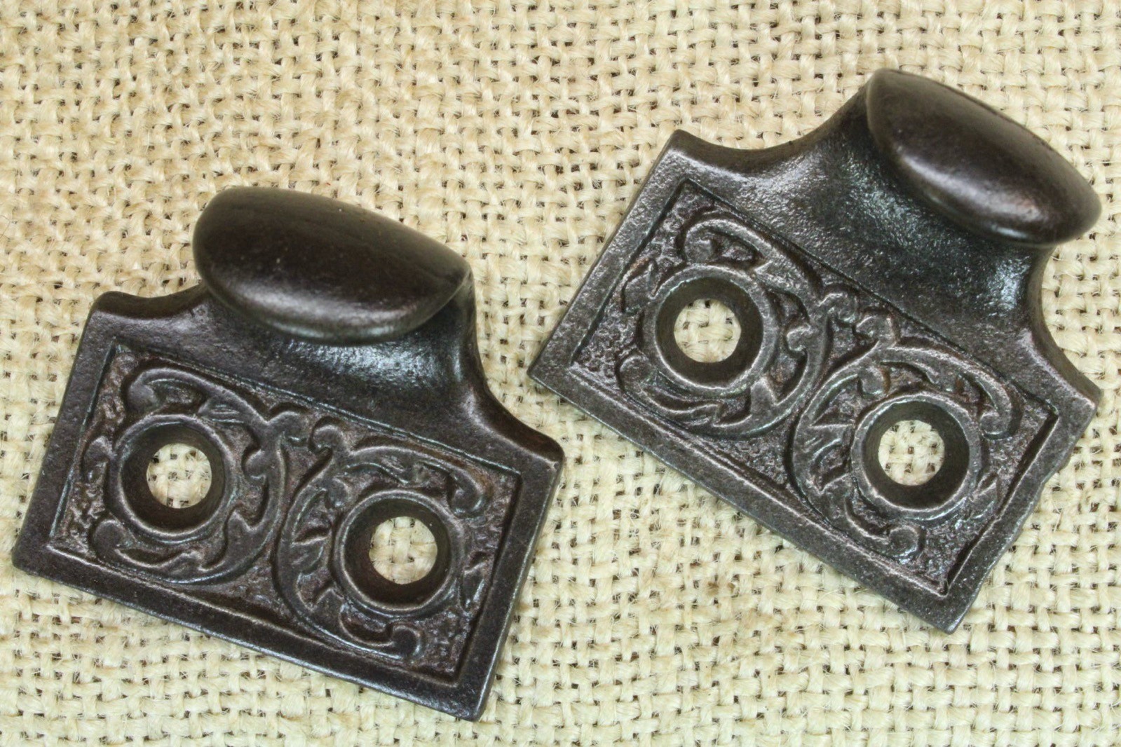 2 Old Window Sash Lifts Pulls Restored Cast Iron Ornate Victorian Ferns Scroll