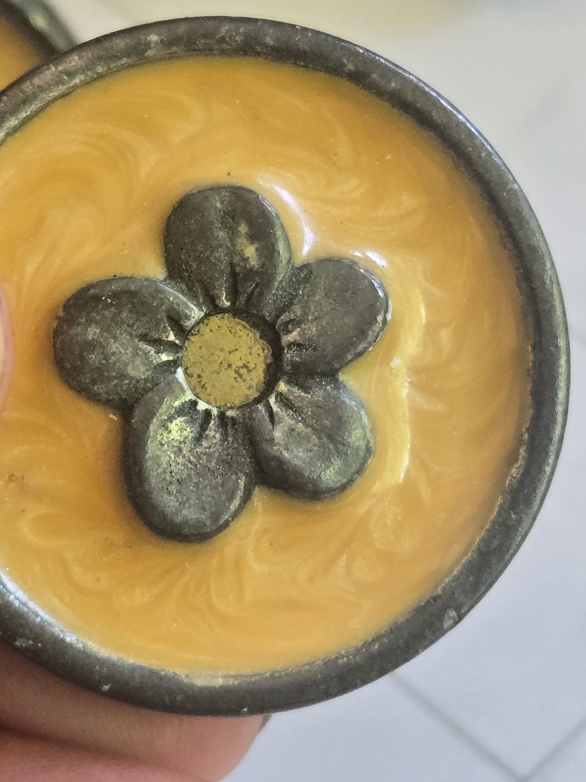 ​Set of 4 Vintage Floral Decorative Cabinet Knobs – Yellow Enamel & Metal Flower