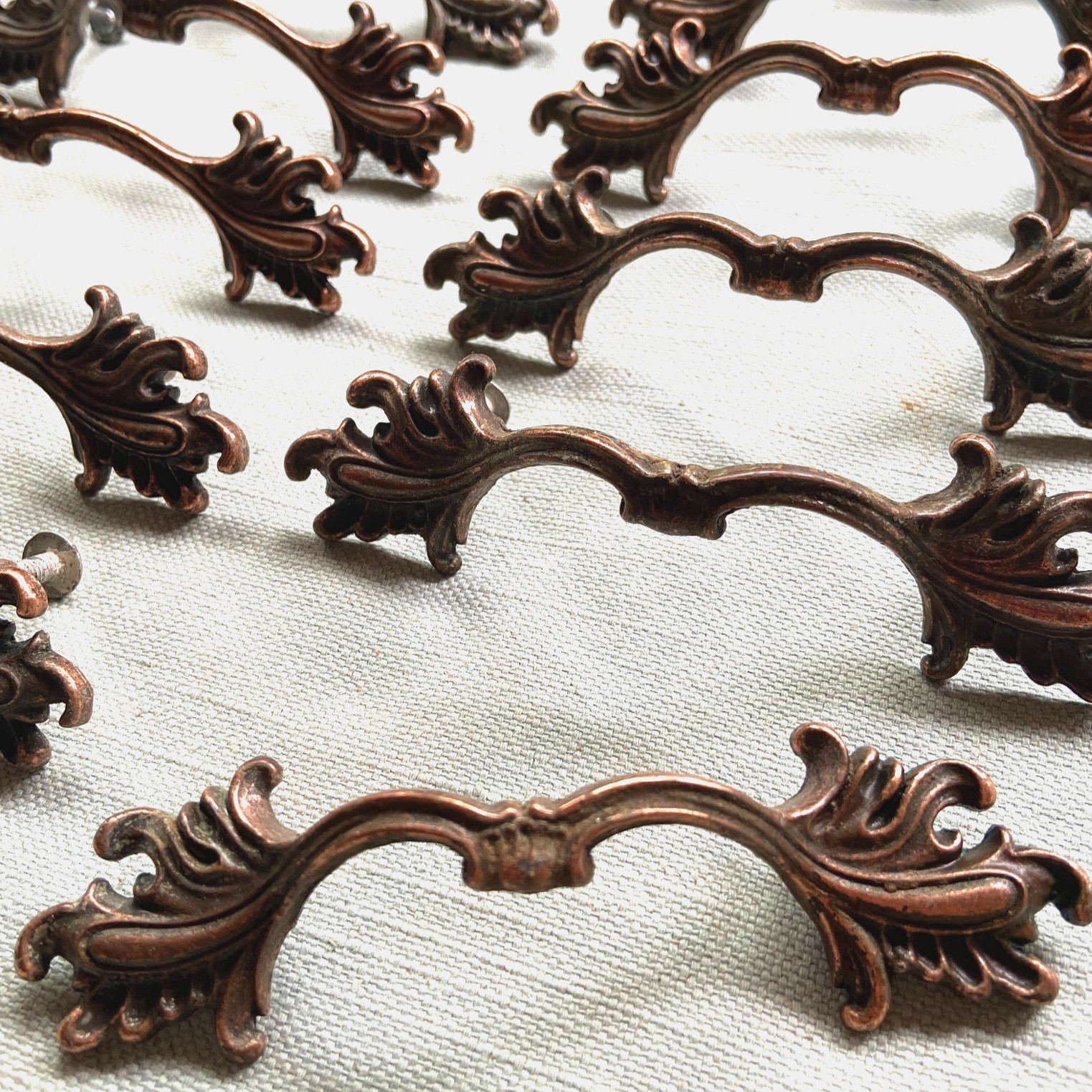 7 Vintage French Provincial Scalloped Leaf Drawer Pulls Brass 3″ 11 Screws Missi