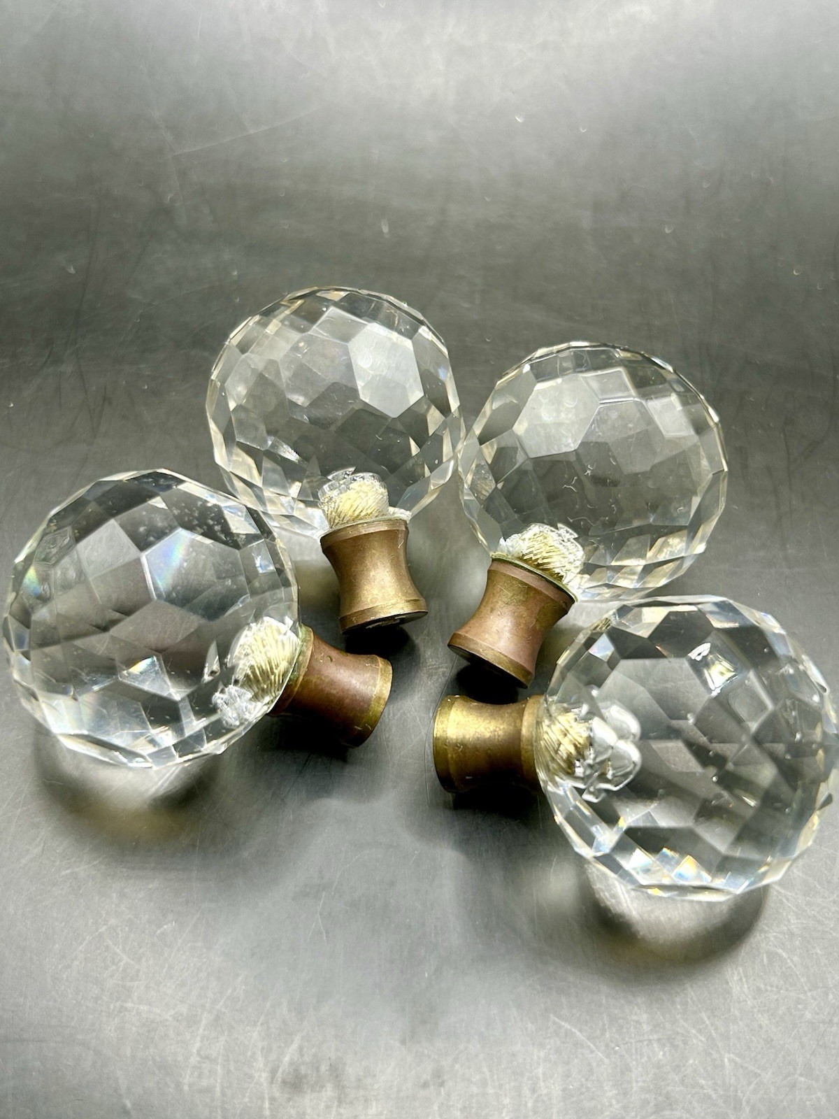 (4) Vintage Round Crystal Faceted Lamp Finials Drawer Pull Knobs/Brass Finish