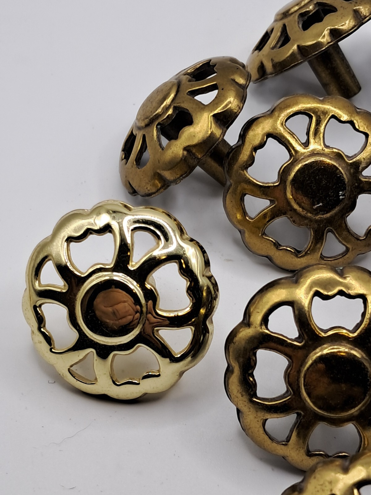 12 Vintage Drawer Knob Ornate Floral Brass Tone Floral Cut-Out Round 1.75″