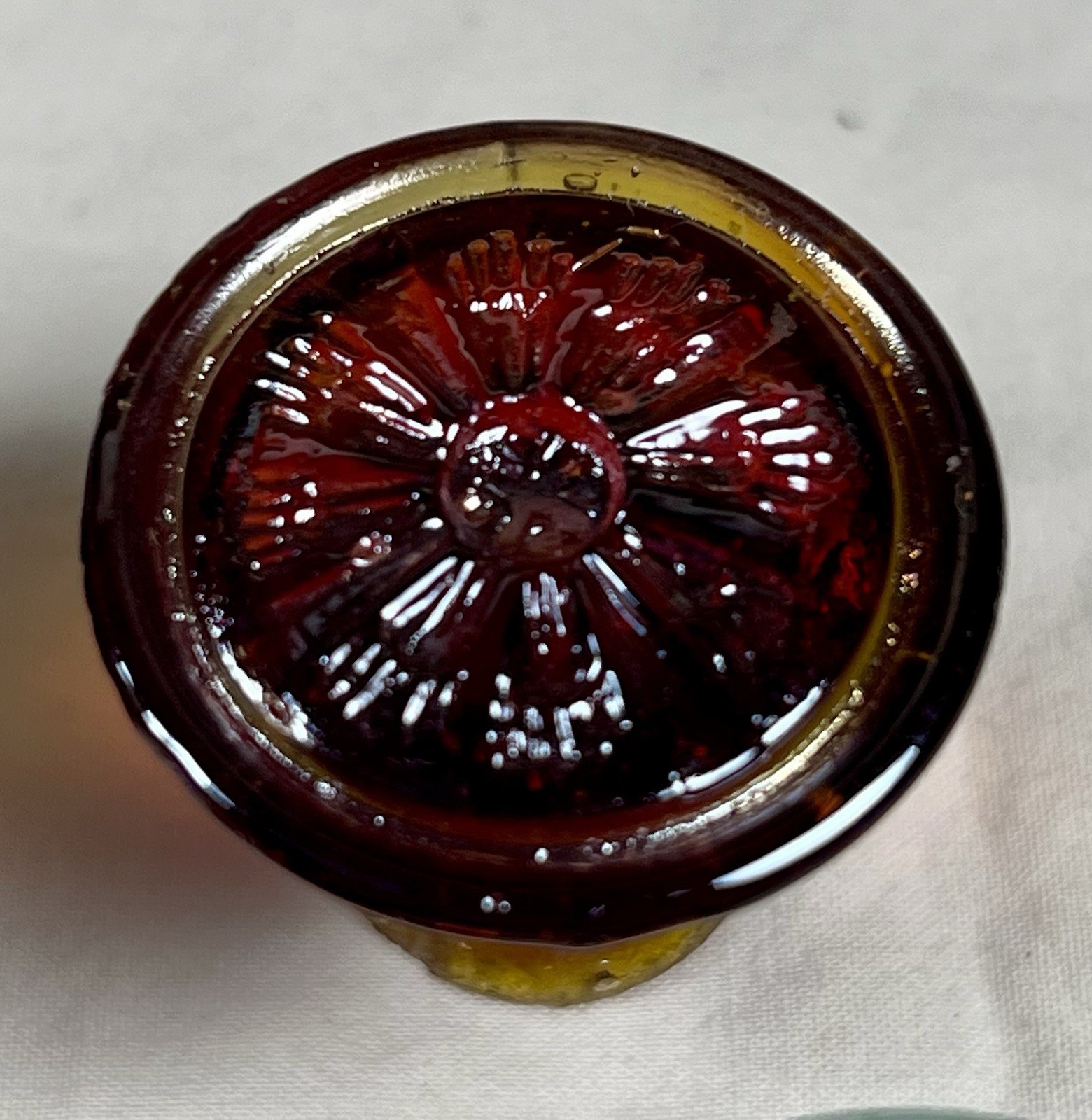 Vintage Glass Cabinet Knobs, 3 reddish Orange, One Greenish Clear,1 1/4 Inch