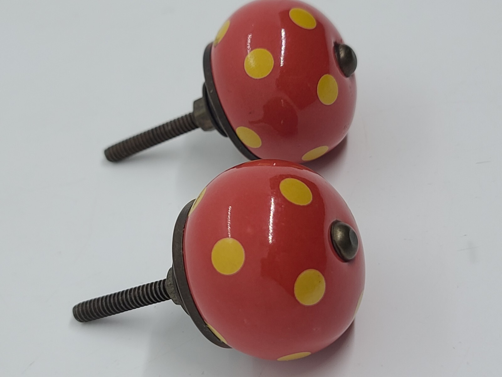 Antique Pair Red Round Porcelain with Yellow Spots Drawer Cabinet Pull Handles