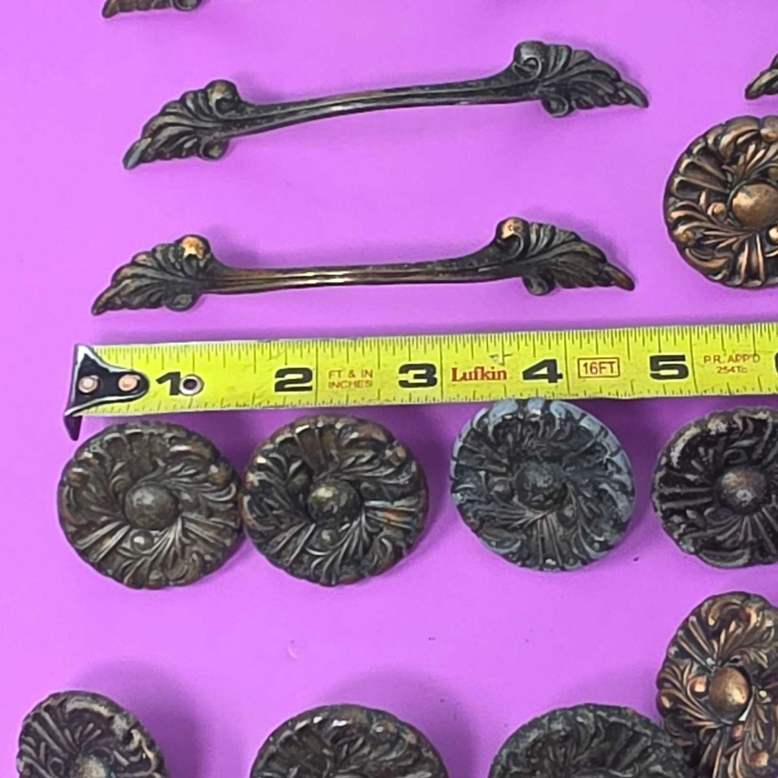Set Of Vintage Brass Drawer Knobs & 6 Handles With Ornate Floral Design