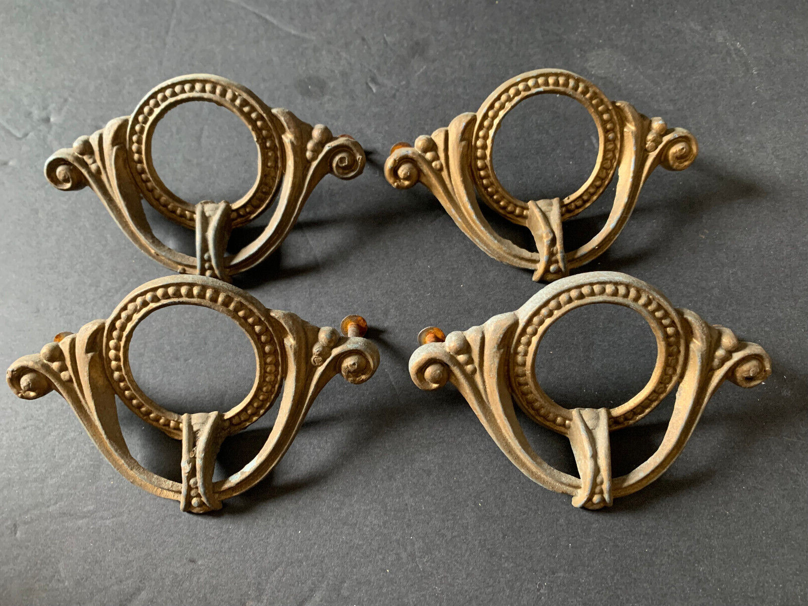 Ornate Antique Circular Brass Metal Drawer Pulls Lot of 4