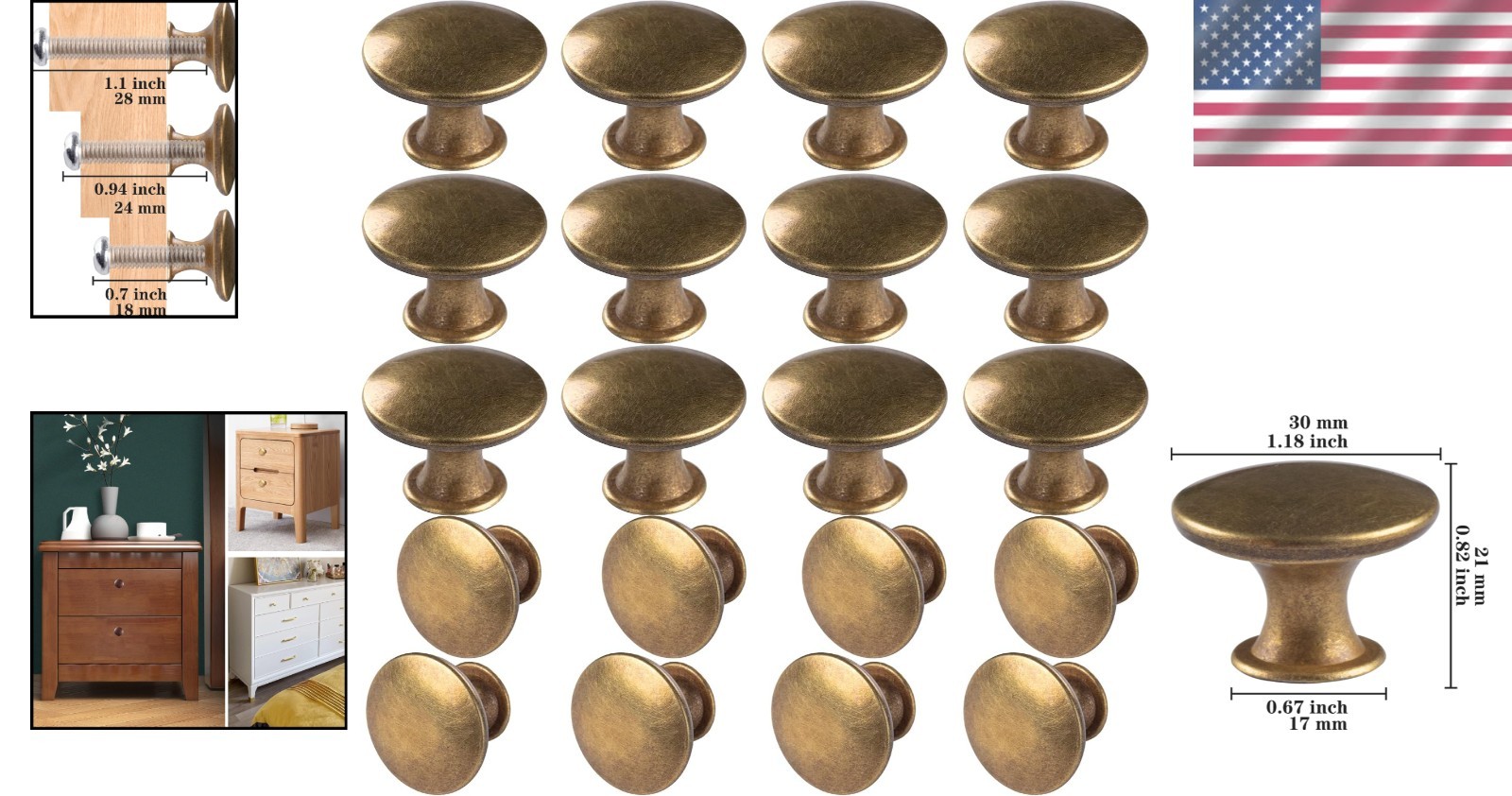 Classic Round Drawer Pulls: 6 Pack Antique Brass Knobs with Versatile Screws