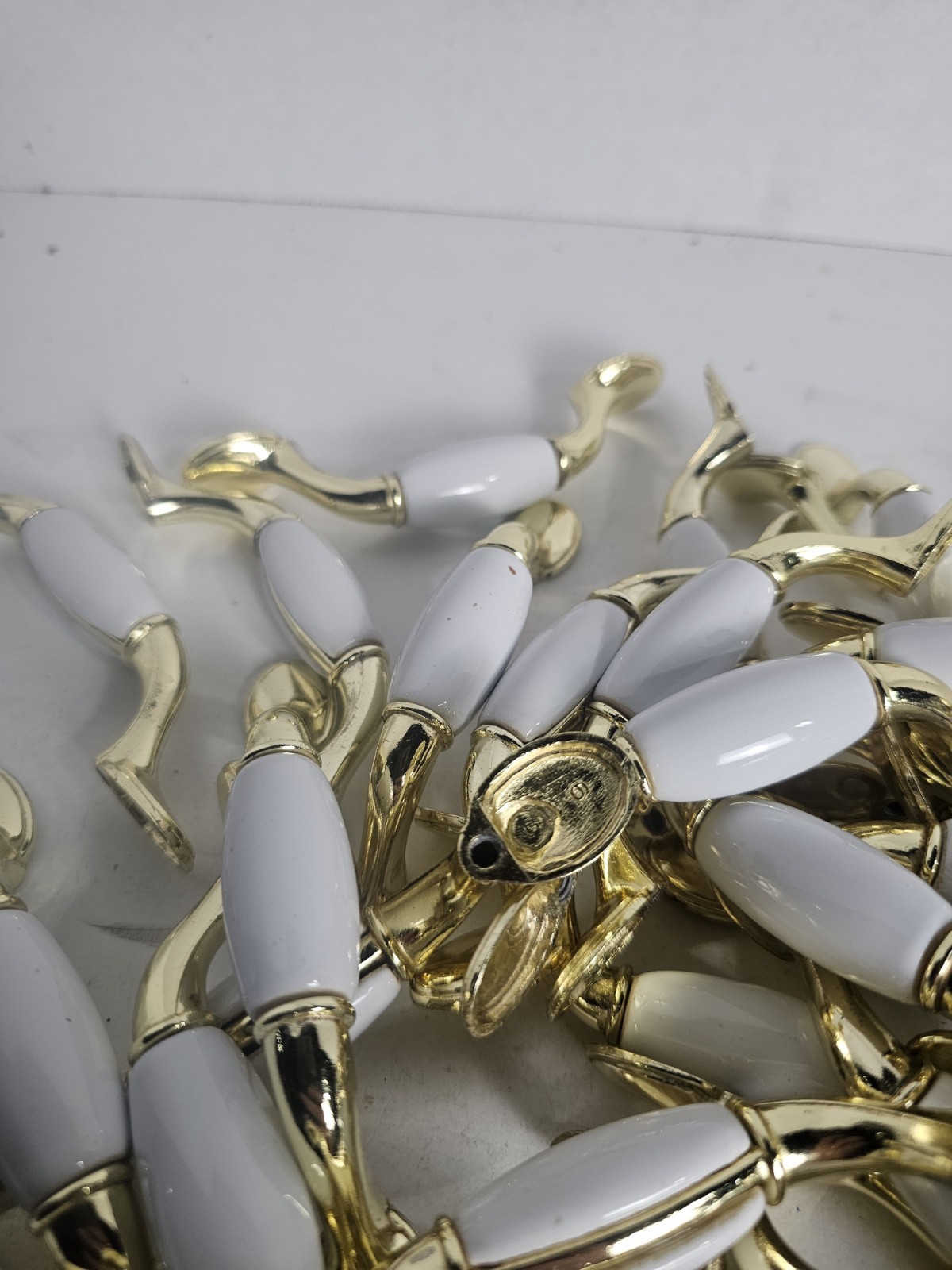 Vintage Drawer Pulls Lot Of 67 White Porcelain & Brass Tone