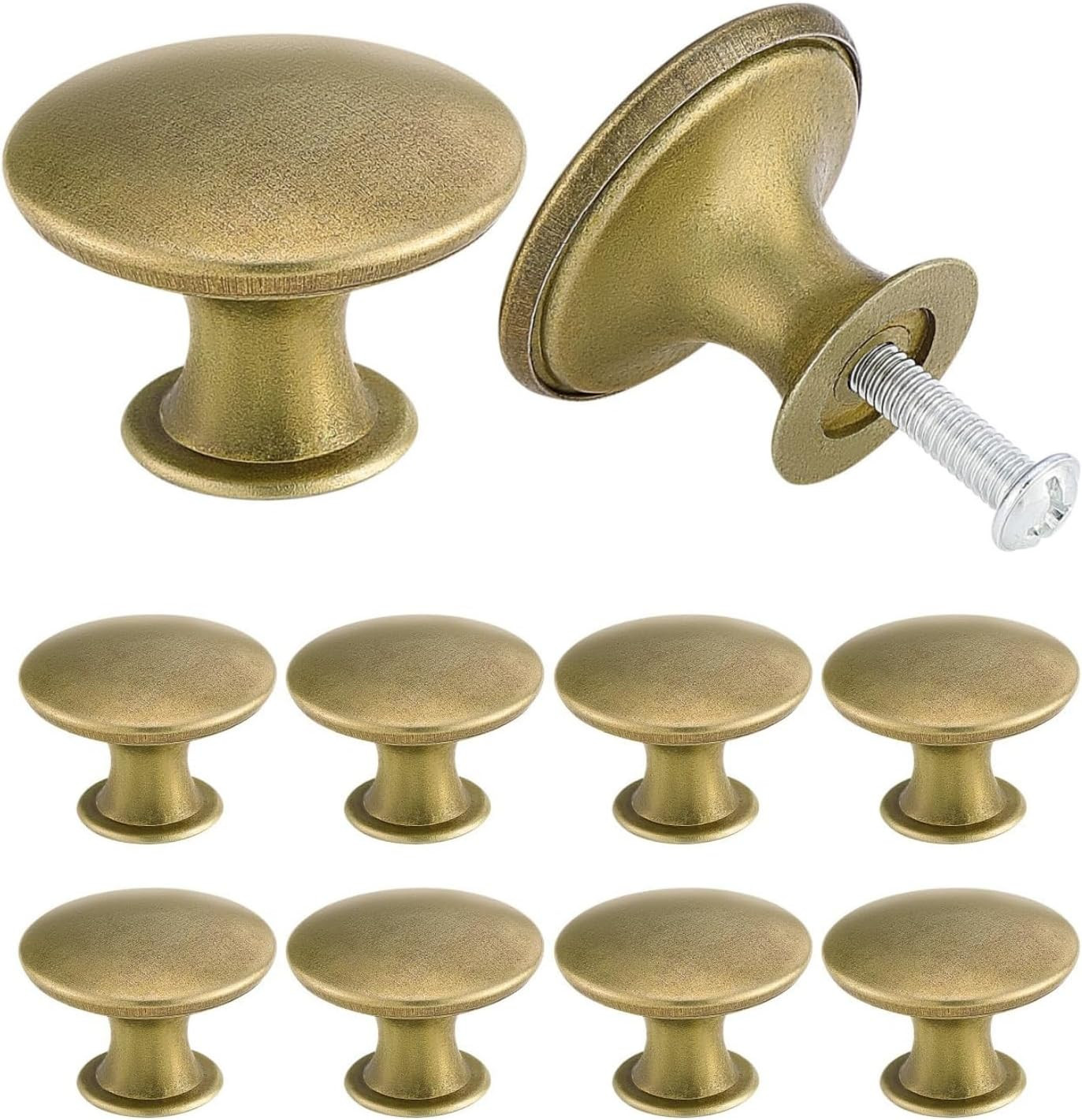 Vintage Cabinet Knobs, 10-Pack Round Drawer Pulls, Antique Brass