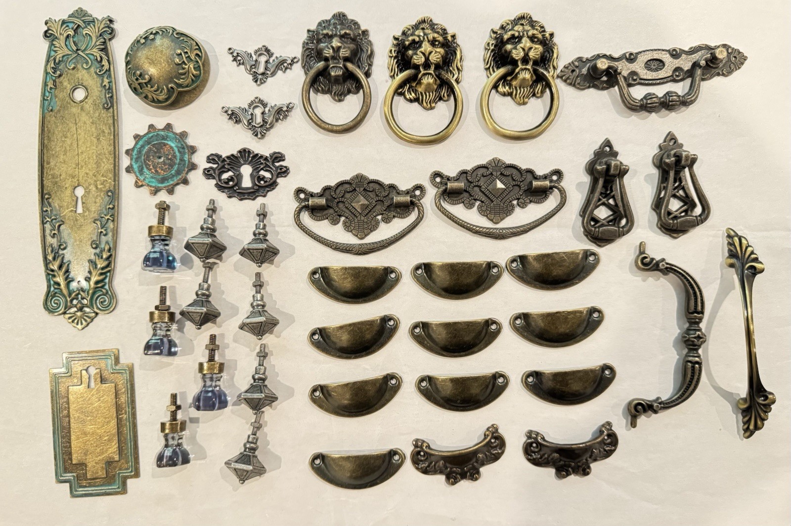 40 Pc Vintage Style Cabinet Hardware Lot Drawer Pulls Knobs Escutcheons Brass